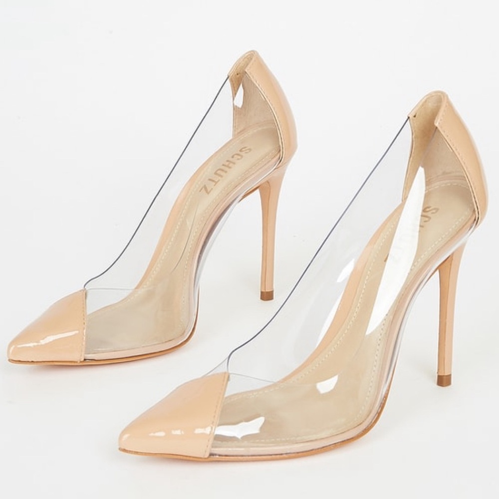 Honey Beige and Cear Vinyl Pointed-Toe Pumps
